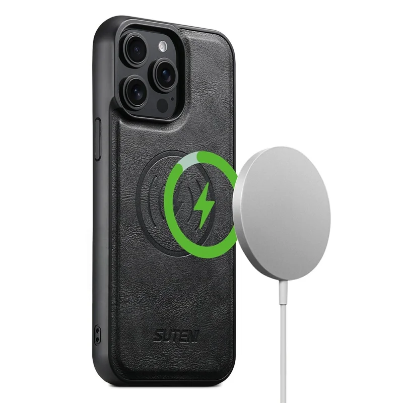 SUTENI G5 For iPhone 14 Pro Max Case Compatible with MagSafe Cowhide Texture Leather Back Cover - Black