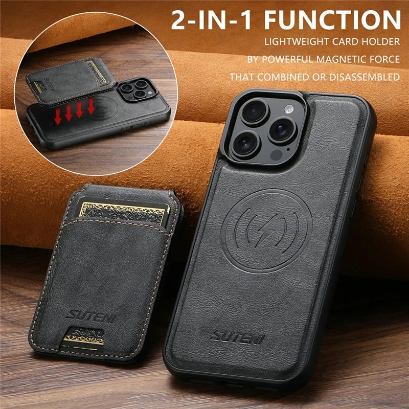 SUTENI M5 For iPhone 15 Pro Max Magnetic Case with Card Bag Cowhide Texture Leather Phone Back Cover - Black
