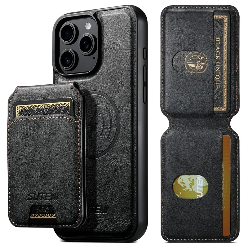 SUTENI M5 For iPhone 15 Pro Max Magnetic Case with Card Bag Cowhide Texture Leather Phone Back Cover - Black