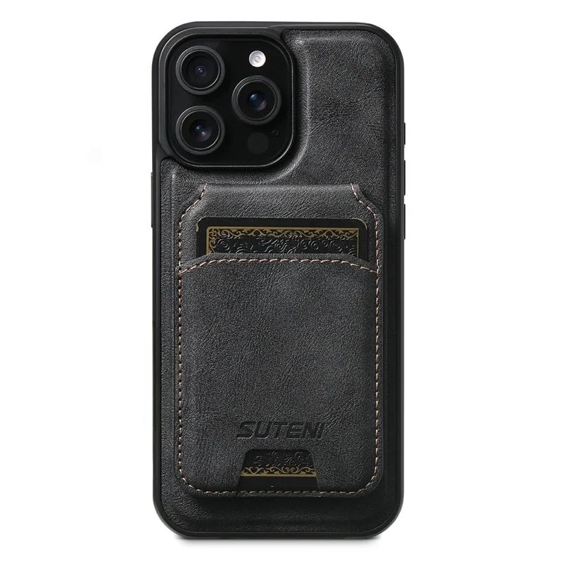 SUTENI M5 For iPhone 15 Pro Max Magnetic Case with Card Bag Cowhide Texture Leather Phone Back Cover - Black