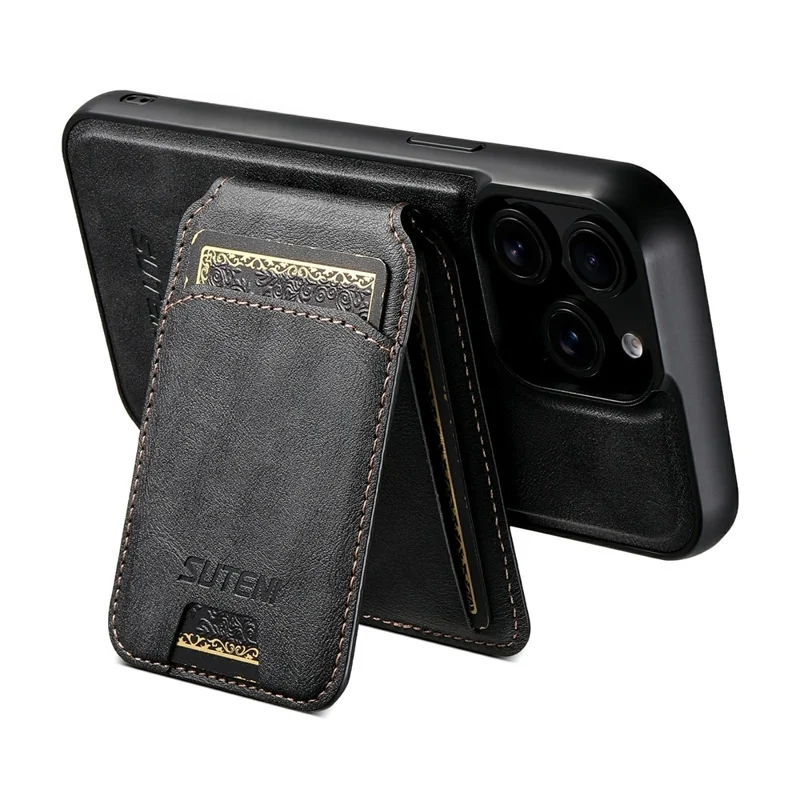 SUTENI M5 For iPhone 15 Pro Max Magnetic Case with Card Bag Cowhide Texture Leather Phone Back Cover - Black