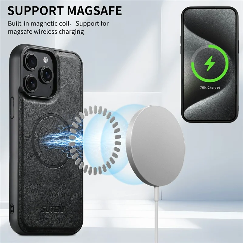SUTENI M5 For iPhone 15 Pro Max Magnetic Case with Card Bag Cowhide Texture Leather Phone Back Cover - Black