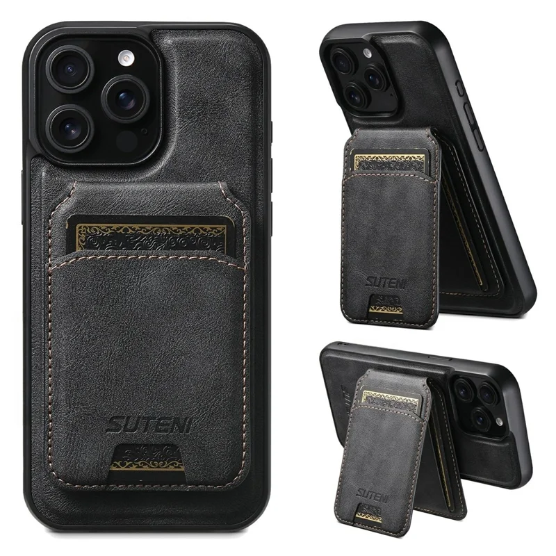 SUTENI M5 pour iPhone 15 Pro Étui Magnétique avec Pochette pour Cartes en Cuir de Vachette Texturé - Noir