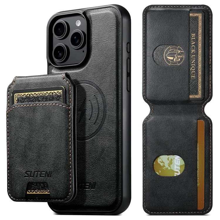 SUTENI M5 For iPhone 14 Pro Max Magnetic Case with Card Bag Cowhide Texture Leather Phone Back Cover - Black
