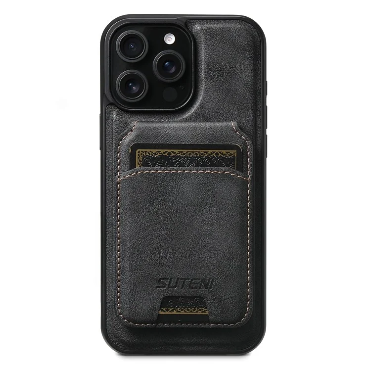 SUTENI M5 For iPhone 14 Pro Max Magnetic Case with Card Bag Cowhide Texture Leather Phone Back Cover - Black