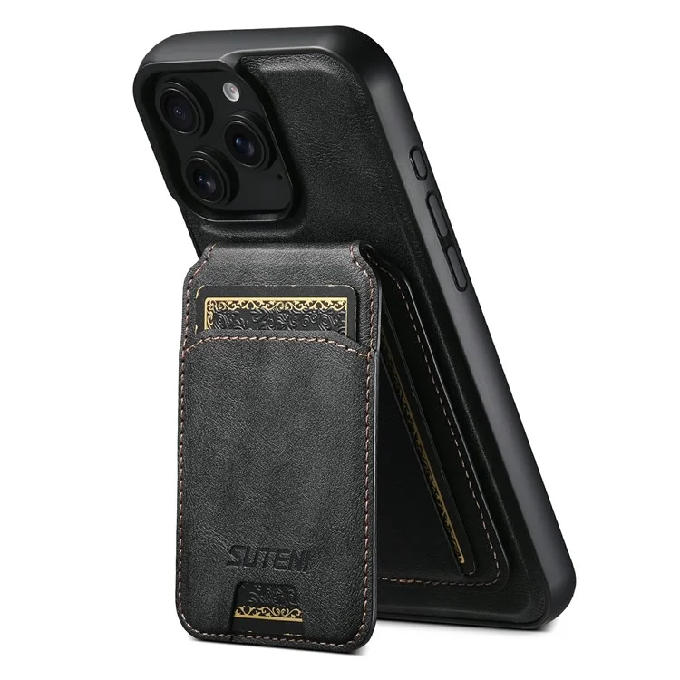 SUTENI M5 For iPhone 14 Pro Max Magnetic Case with Card Bag Cowhide Texture Leather Phone Back Cover - Black