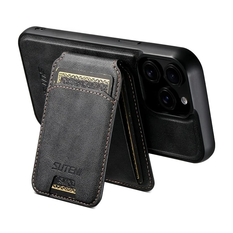 SUTENI M5 For iPhone 14 Pro Max Magnetic Case with Card Bag Cowhide Texture Leather Phone Back Cover - Black