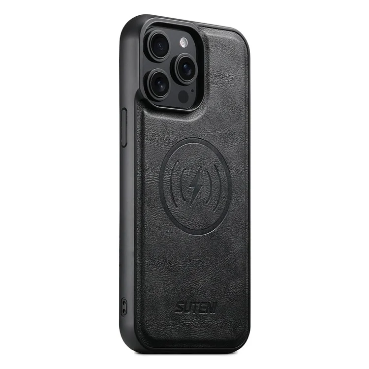 SUTENI M5 For iPhone 14 Pro Max Magnetic Case with Card Bag Cowhide Texture Leather Phone Back Cover - Black