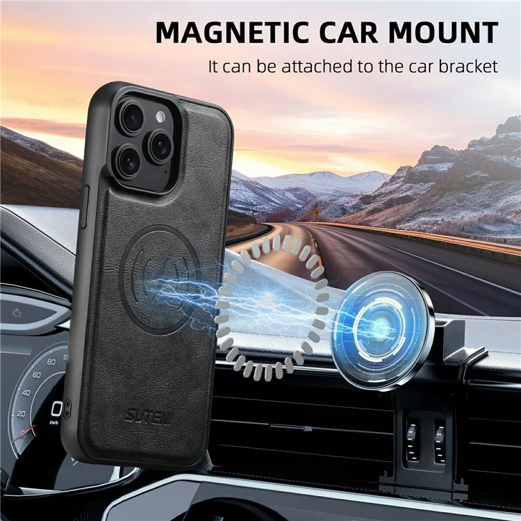 SUTENI M5 For iPhone 14 Pro Max Magnetic Case with Card Bag Cowhide Texture Leather Phone Back Cover - Black