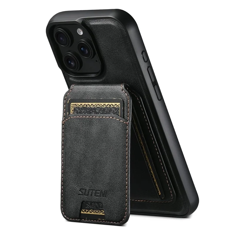 SUTENI M5 For iPhone 14 Pro Magnetic Case with Card Bag Cowhide Texture Leather Phone Back Cover - Black