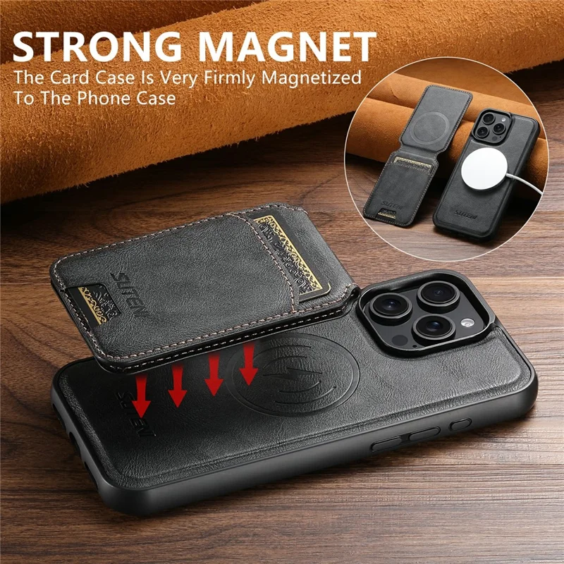 SUTENI M5 For iPhone 13 Pro Max Magnetic Case with Card Bag Cowhide Texture Leather Phone Back Cover - Black