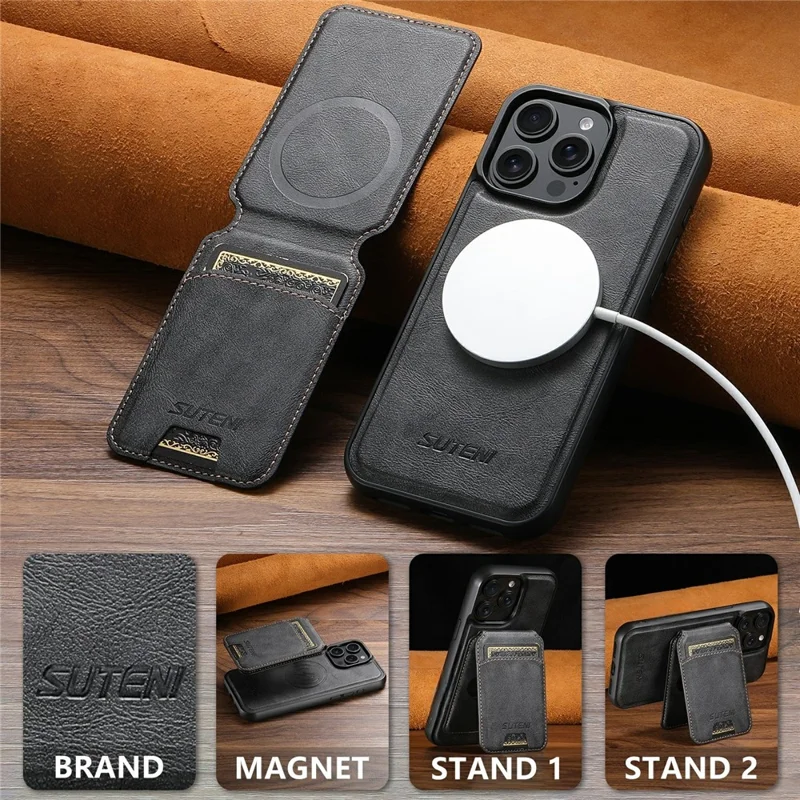 SUTENI M5 For iPhone 13 Pro Max Magnetic Case with Card Bag Cowhide Texture Leather Phone Back Cover - Black