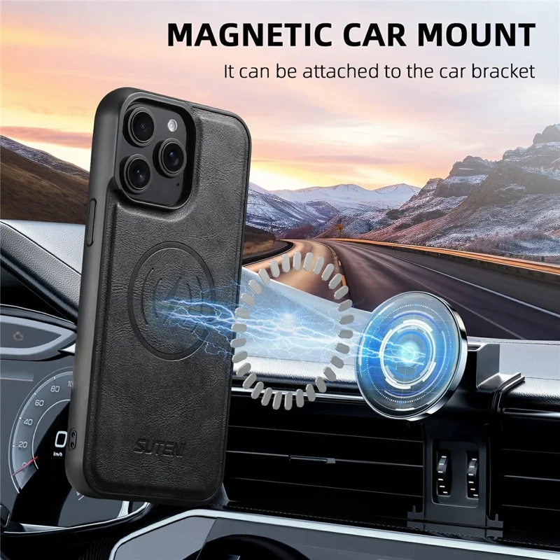SUTENI M5 For iPhone 13 Pro Max Magnetic Case with Card Bag Cowhide Texture Leather Phone Back Cover - Black