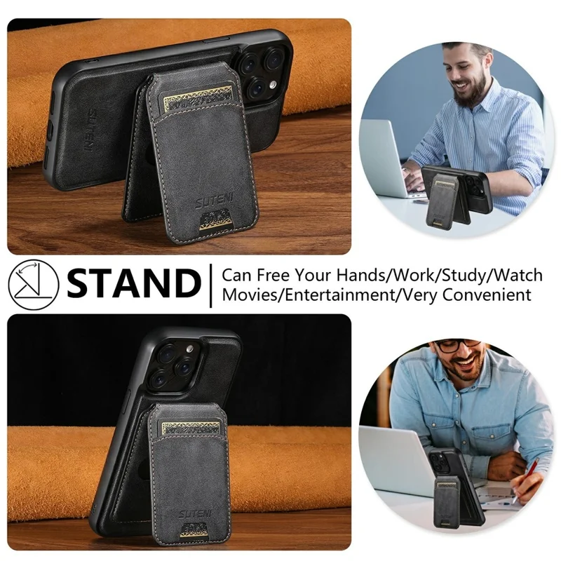 SUTENI M5 For iPhone 13 Pro Max Magnetic Case with Card Bag Cowhide Texture Leather Phone Back Cover - Black