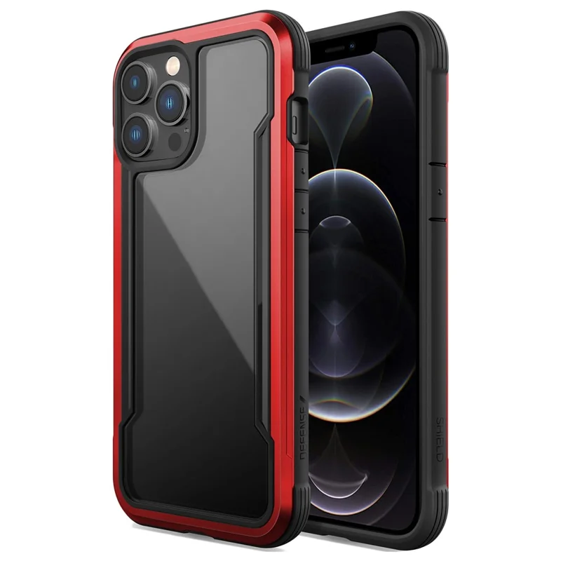 DEFENSE For iPhone 12 Pro Max 6.7 inch Anti-bacteria PC+TPU+Aluminum Alloy Clear Phone Case Drop-proof Back Cover - Red