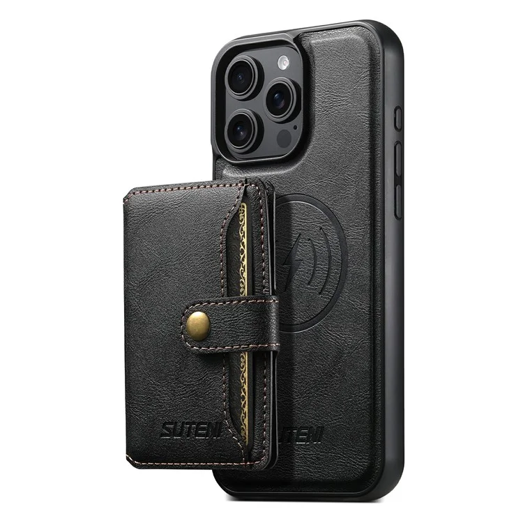 SUTENI M4 For iPhone 15 Pro Max Magnetic Case with Card Holder Cowhide Texture Leather Back Cover - Black