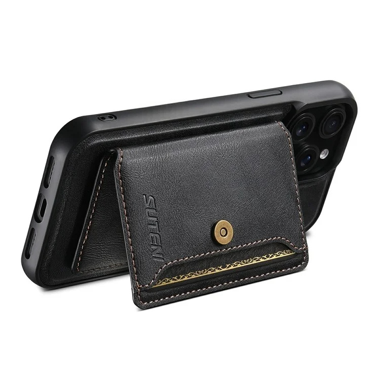 SUTENI M4 For iPhone 15 Pro Max Magnetic Case with Card Holder Cowhide Texture Leather Back Cover - Black