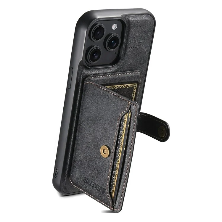 SUTENI M4 For iPhone 15 Pro Max Magnetic Case with Card Holder Cowhide Texture Leather Back Cover - Black