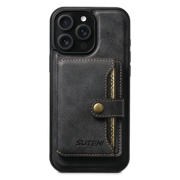 SUTENI M4 For iPhone 15 Pro Max Magnetic Case with Card Holder Cowhide Texture Leather Back Cover - Black