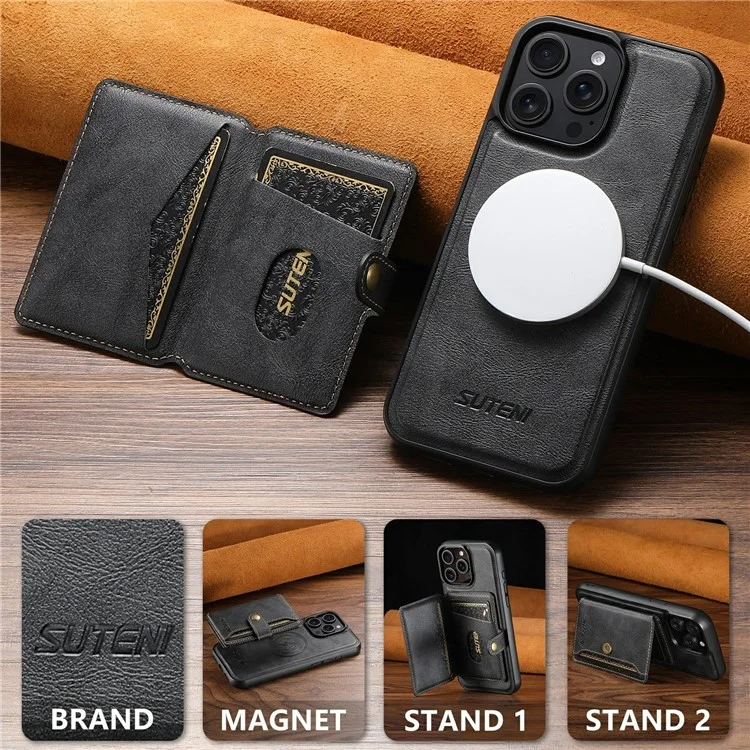 SUTENI M4 For iPhone 15 Pro Max Magnetic Case with Card Holder Cowhide Texture Leather Back Cover - Black