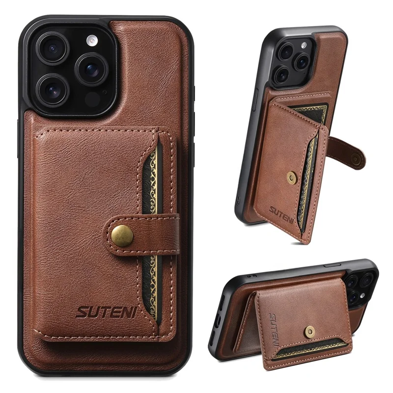 SUTENI M4 For iPhone 15 Pro Magnetic Case with Card Holder Cowhide Texture Leather Back Cover - Brown