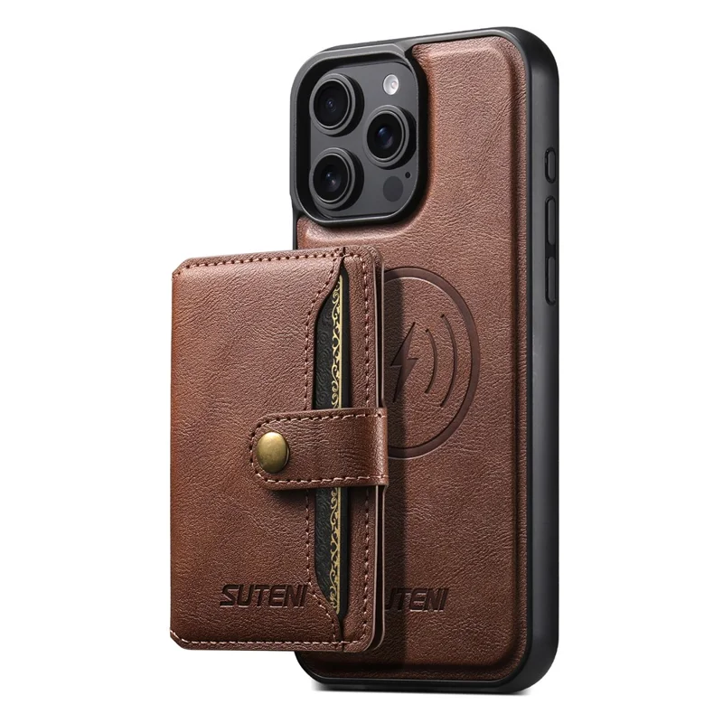 SUTENI M4 For iPhone 15 Pro Magnetic Case with Card Holder Cowhide Texture Leather Back Cover - Brown