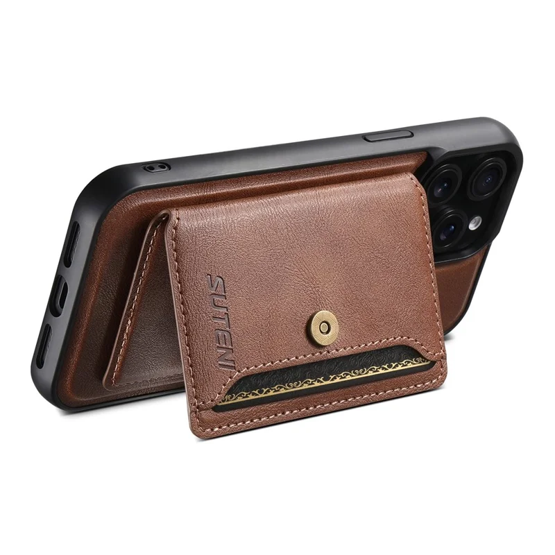 SUTENI M4 For iPhone 15 Pro Magnetic Case with Card Holder Cowhide Texture Leather Back Cover - Brown