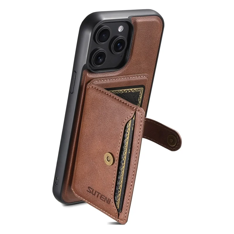 SUTENI M4 For iPhone 15 Pro Magnetic Case with Card Holder Cowhide Texture Leather Back Cover - Brown
