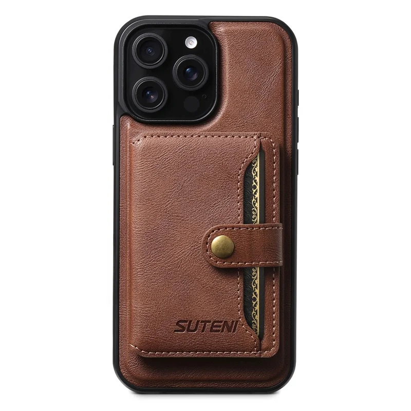 SUTENI M4 For iPhone 15 Pro Magnetic Case with Card Holder Cowhide Texture Leather Back Cover - Brown