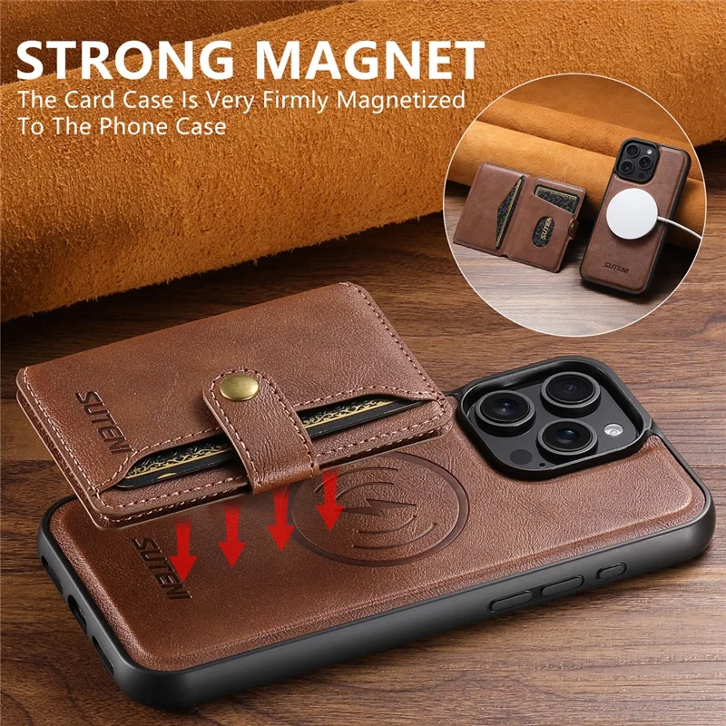 SUTENI M4 For iPhone 15 Pro Magnetic Case with Card Holder Cowhide Texture Leather Back Cover - Brown