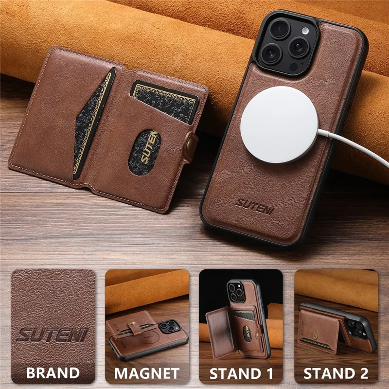 SUTENI M4 For iPhone 15 Pro Magnetic Case with Card Holder Cowhide Texture Leather Back Cover - Brown