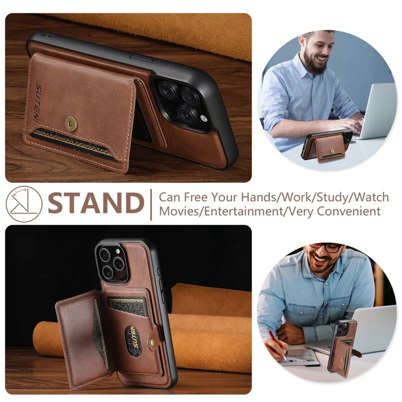 SUTENI M4 For iPhone 15 Pro Magnetic Case with Card Holder Cowhide Texture Leather Back Cover - Brown