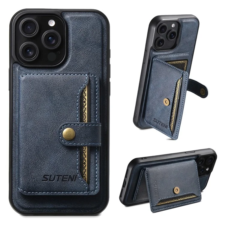 SUTENI M4 For iPhone 14 Pro Max Magnetic Case with Card Holder Cowhide Texture Leather Back Cover - Blue