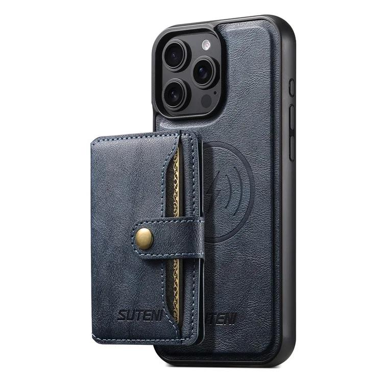 SUTENI M4 For iPhone 14 Pro Max Magnetic Case with Card Holder Cowhide Texture Leather Back Cover - Blue