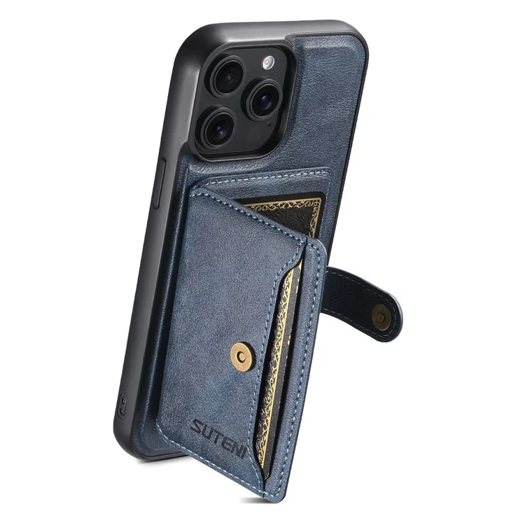 SUTENI M4 For iPhone 14 Pro Max Magnetic Case with Card Holder Cowhide Texture Leather Back Cover - Blue