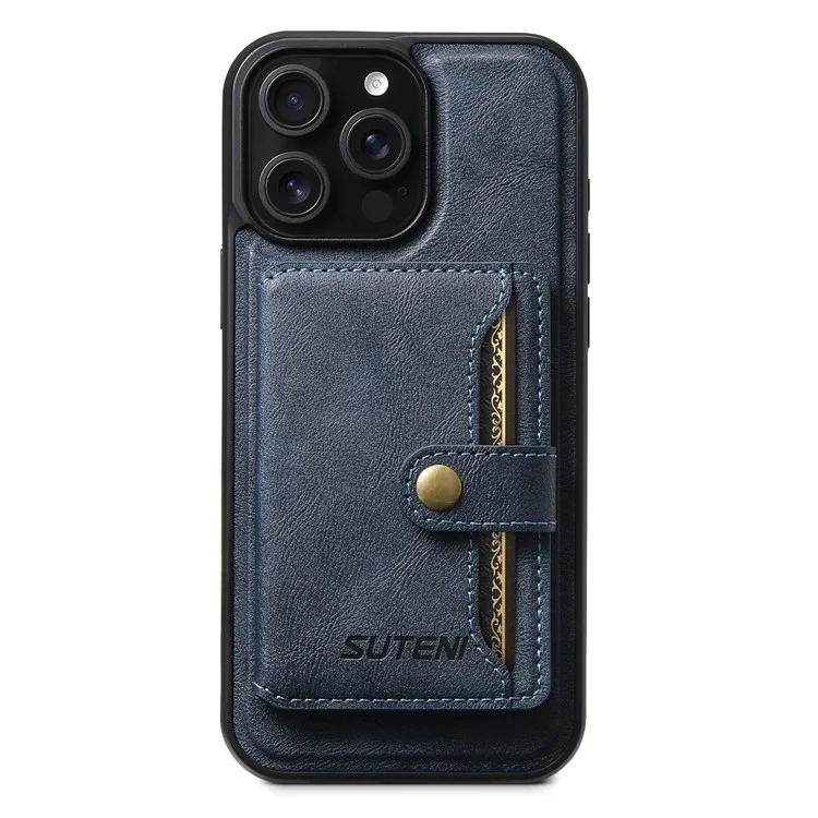 SUTENI M4 For iPhone 14 Pro Max Magnetic Case with Card Holder Cowhide Texture Leather Back Cover - Blue