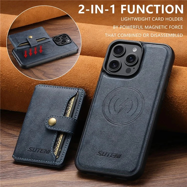 SUTENI M4 For iPhone 14 Pro Max Magnetic Case with Card Holder Cowhide Texture Leather Back Cover - Blue