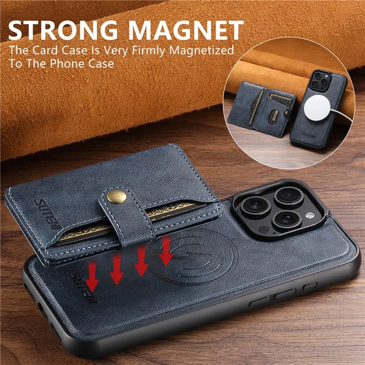 SUTENI M4 For iPhone 14 Pro Max Magnetic Case with Card Holder Cowhide Texture Leather Back Cover - Blue