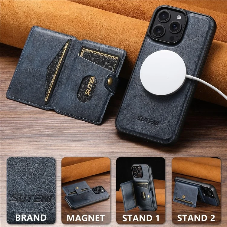 SUTENI M4 For iPhone 14 Pro Max Magnetic Case with Card Holder Cowhide Texture Leather Back Cover - Blue