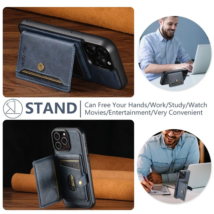 SUTENI M4 For iPhone 14 Pro Max Magnetic Case with Card Holder Cowhide Texture Leather Back Cover - Blue