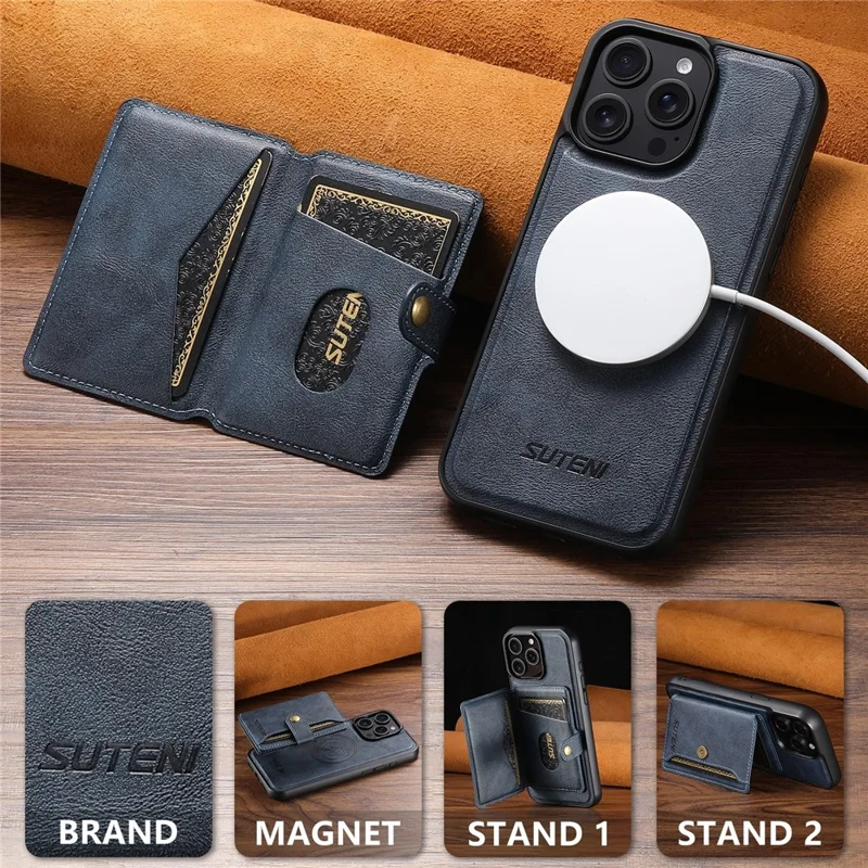 SUTENI M4 For iPhone 14 Pro Magnetic Case with Card Holder Cowhide Texture Leather Back Cover - Blue