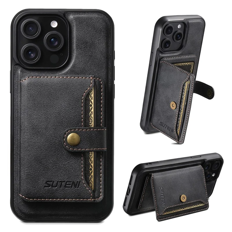 SUTENI M4 For iPhone 13 Pro Max Magnetic Case with Card Holder Cowhide Texture Leather Back Cover - Black
