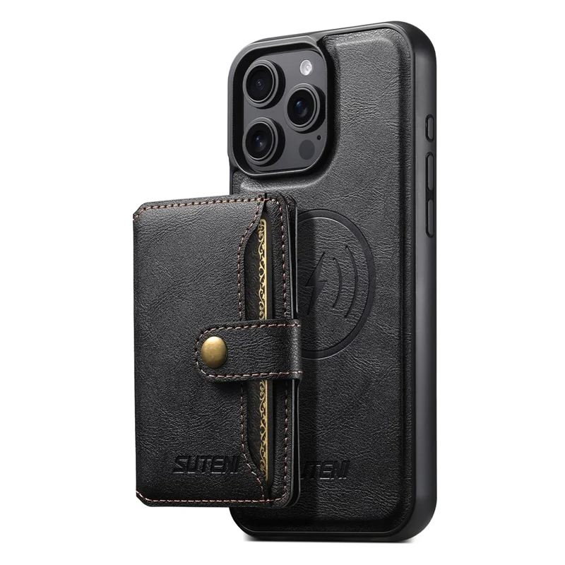 SUTENI M4 For iPhone 13 Pro Max Magnetic Case with Card Holder Cowhide Texture Leather Back Cover - Black