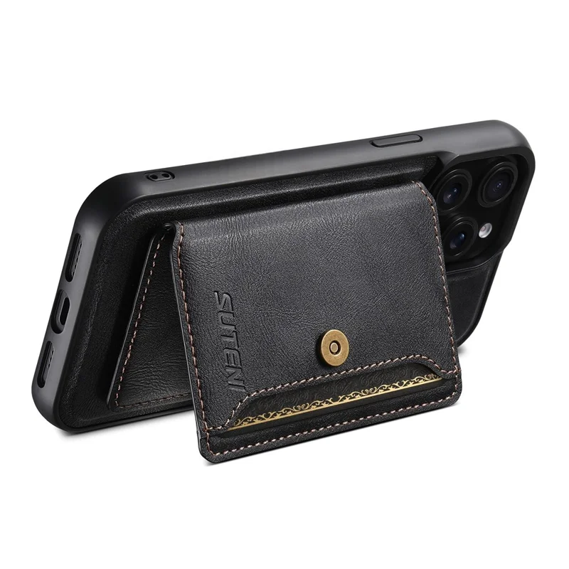 SUTENI M4 For iPhone 13 Pro Max Magnetic Case with Card Holder Cowhide Texture Leather Back Cover - Black