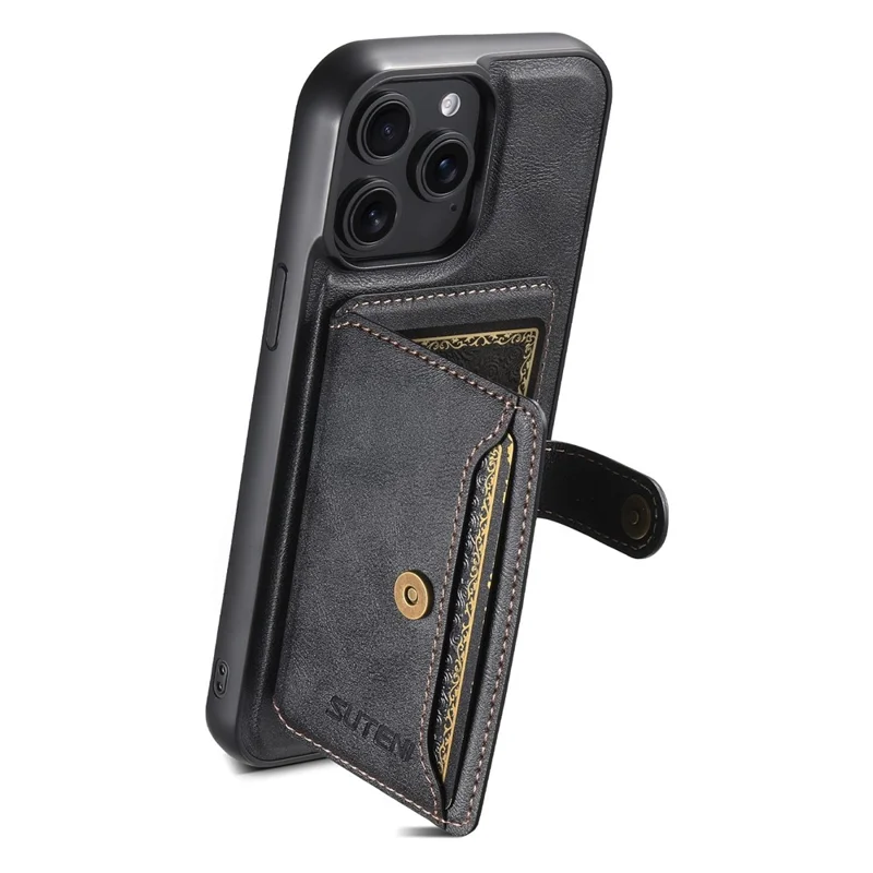 SUTENI M4 For iPhone 13 Pro Magnetic Case with Card Holder Cowhide Texture Leather Back Cover - Black