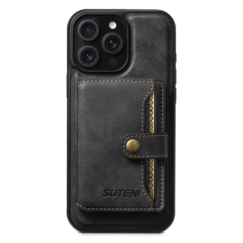 SUTENI M4 For iPhone 13 Pro Magnetic Case with Card Holder Cowhide Texture Leather Back Cover - Black