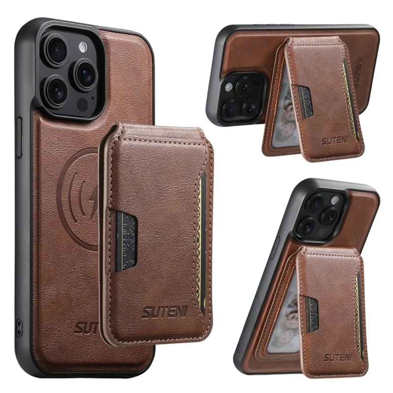SUTENI M3 For iPhone 15 Pro Max Magnetic Case Cowhide Texture Leather Back Cover with Card Bag Kickstand - Brown