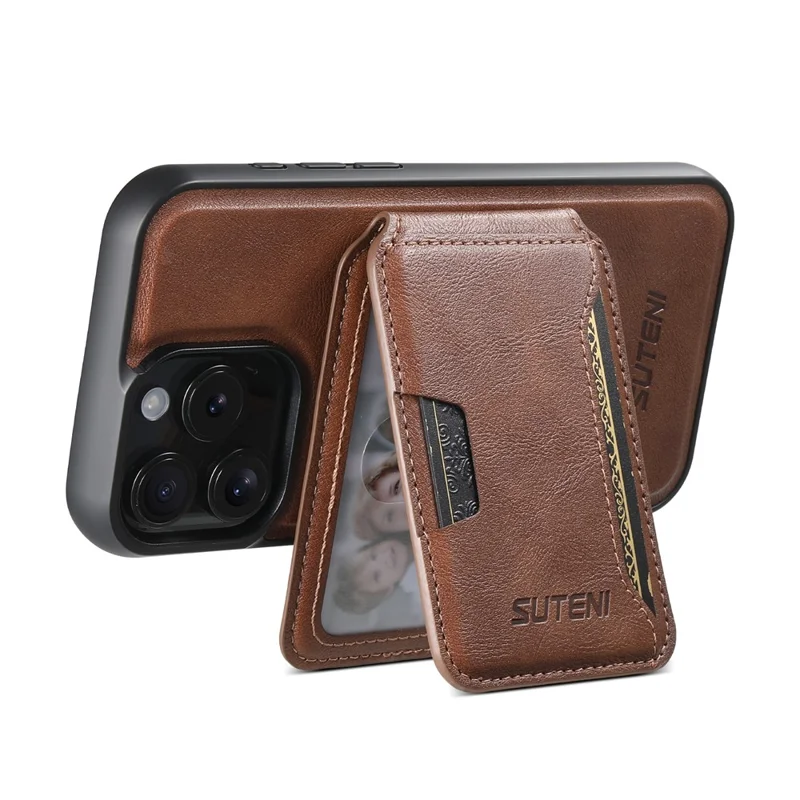 SUTENI M3 For iPhone 15 Pro Max Magnetic Case Cowhide Texture Leather Back Cover with Card Bag Kickstand - Brown