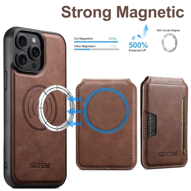 SUTENI M3 For iPhone 15 Pro Max Magnetic Case Cowhide Texture Leather Back Cover with Card Bag Kickstand - Brown