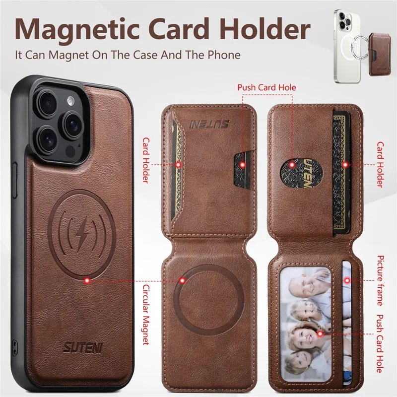 SUTENI M3 For iPhone 15 Pro Max Magnetic Case Cowhide Texture Leather Back Cover with Card Bag Kickstand - Brown